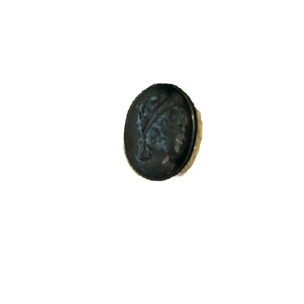 Vintage Black Glass Cameo Brooch Pin Clasp HEADBAND LADY Iridescent w Gold Tone